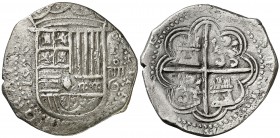 1595. Felipe II. Granada. 4 reales. (Cal. 303). 13,22 g. Corona grande. Leones rectos. Dos flores de lis en las armas de Borgoña. MBC-/MBC.