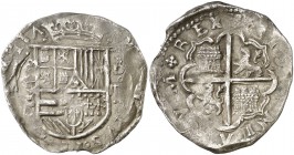 s/d. Felipe II. Segovia. . 4 reales. (Cal. 350, mismo ejemplar). 12,42 g. Escudo entre acueducto y /. La leyenda del reverso empieza a las 10h del rel...