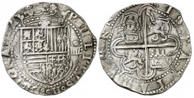 s/d. Felipe II. Sevilla. 4 reales. (Cal. 338, mismo ejemplar). 13,44 g. Sin ensayador. Flor de lis entre escudo y corona. Rara. MBC.
