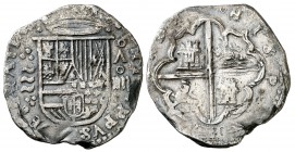 s/d. Felipe II. Valladolid. . 4 reales. (Cal. 439 var). 13,24 g. Armas de Flandes y Tirol intercambiadas. Rara. MBC.