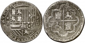 s/d. Felipe II. Lima. D. 8 reales. (Cal. 149). 18,16 g. Corrosiones marinas. Rara. (MBC-).