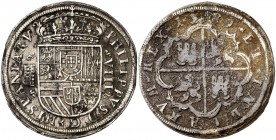 1589. Felipe II. Segovia. 8 reales. (Cal. 210). 27,49 g. Acueducto de seis arcos y dos pisos. Adornos acotando ceca y valor. Oxidaciones. Rara. (MBC/M...