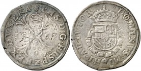 1567. Felipe II. Amberes. 1 escudo Borgoña. (Vti. 1304) (Vanhoudt 290.AN) (Van Gelder & Hoc 240-1). 29,31 g. Preciosa pátina. Ex Colección Princesa de...