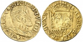 s/d (1560-1573). Felipe II. Amberes. 1/2 real de oro. (Vti. 1383) (Vanhoudt 263.AN). 3,45 g. Ceca sólo en anverso. Grieta de acuñación. Escasa. MBC-....