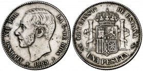 1885*1885. Alfonso XII. MSM. 1 peseta. (Cal. 61). 5 g. Limpiada. Escasa. MBC+.