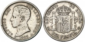 1905*1905. Alfonso XIII. SMV. 1 peseta. (Cal. 51). 4,84 g. Rara. MBC-/BC+.