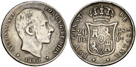 1880. Alfonso XII. Manila. 20 centavos. (Cal. 93). 5,02 g. Escasa. BC+.