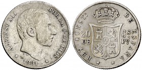 1881/0. Alfonso XII. Manila. 20 centavos. (Cal. 88 var). 5,11 g. Rectificación muy clara. Golpecitos. Ex Áureo 22/10/1997, nº 2833. MBC-.