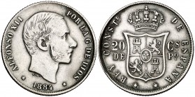 1884. Alfonso XII. Manila. 20 centavos. (Cal. 91). 5,17 g. Escasa. MBC-/MBC.