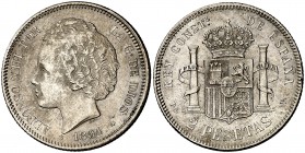 1894*1894. Alfonso XIII. PGV. 2 pesetas. (Cal. 33). 9,93 g. Leves golpecitos. Escasa. MBC.
