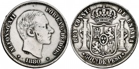 1880. Alfonso XII. Manila. 50 centavos. (Cal. 78). 12,82 g. Limpiada. Rara. MBC-.