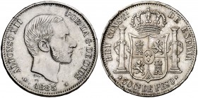 1885. Alfonso XII. Manila. 50 centavos. (Cal. 86). 12,99 g. Golpecitos en canto. MBC/MBC+.