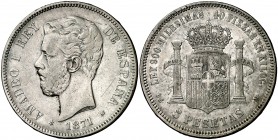 1871*1873. Amadeo I. DEM. 5 pesetas. (Cal. 9). 24,72 g. Rara. MBC-.