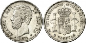 1871*1875. Amadeo I. DEM. 5 pesetas. (Cal. 12). 24,89 g. Buen ejemplar. Ex Áureo & Calicó 06/07/2016, nº 2800. Escasa así. MBC+.