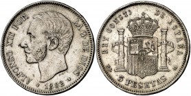 1882/1*1881. Alfonso XII. MSM. 5 pesetas. (Cal. 34 var). 24,82 g. Limpiada. Golpecitos. Escasa. BC+.