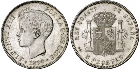 1899*1899. Alfonso XIII. SGV. 5 pesetas. (Cal. 28). 25 g. Leves golpecitos. MBC+/EBC-.