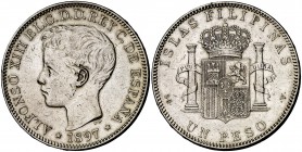 1897. Alfonso XIII. Manila. SGV. 1 peso. (Cal. 81). 24,82 g. Limpiada. Escasa. MBC+.