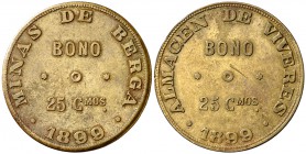 1899. Berga. Minas de Berga. Almacén de Víveres. 25 céntimos, 1 y 25 pesetas. (AL. 3098 a 3100). Lote de 3 monedas. Raras. MBC-/MBC+.