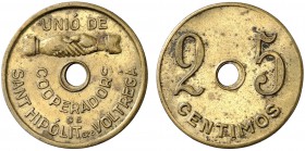 Sant Hipòlit de Voltregà. Unió de Cooperadors. 10, 25 céntimos, 1 y 5 pesetas. (AL. 2996 a 2999). Lote de 4 monedas. MBC-/MBC+.