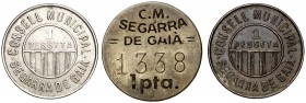 Segarra de Gaià. 1 peseta. (T. 2672 a 2674) (Cal. 18). Lote de 3 monedas en diferentes metales. Raras. MBC+EBC-.