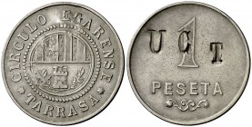 Terrassa. Círculo Egarense. 10, 25 céntimos y 1 peseta (dos). (AL. 138 y 139, falta la peseta). Lote de 4 monedas, una peseta con resello U.G.T. Raras...