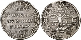1597. Alemania. Brunswick-Wolfenbuttel. Enrique Julio. 1 taler. (Kr. 290). 28,77 g. AG. Escasa. MBC-.