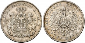 1903. Alemania. Hamburgo. J (Hamburgo). 5 marcos. (Kr. 610). 27,72 g. AG. Leves golpecitos. Pátina. MBC+.
