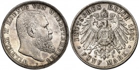 1908. Alemania. Prusia. Guillermo II. F (Stuttgart). 5 marcos. (Kr. 632). 27,76 g. AG. Escasa así. EBC-.