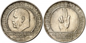 1929. Alemania. República de Weimar. A (Berlín). 3 marcos. (Kr. 63). 15,01 g. AG. Hindenburg. Escasa. EBC.