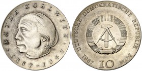 1967. Alemania Oriental. 10 marcos. (Kr. 17.1). 17,06 g. AG. Escasa. S/C-.