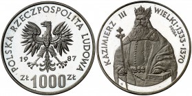 1987. Polonia. 1000 zlotych. (Kr. PR569). 16,39 g. AG. "PROBA". Rara. Proof.