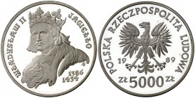 1989. Polonia. 5000 zlotych. (Kr. 197). 16,69 g. AG. Escasa. Proof.