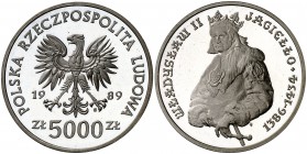 1989. Polonia. 5000 zlotych. (Kr. 198). 16,53 g. AG. Acuñación de 2500 ejemplares. Rara. Proof.