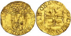Portugal. Sebastián I. 500 reis. (Gomes 57.10) (Fr. 41). 3,78 g. AU. Golpes. MBC-.