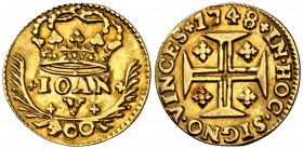 1748. Portugal. Juan V. 400 reis. (Fr. 100) (Kr. 201) (Gomes 84.20). 0,85 g. AU. Bonito color. MBC+.