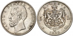1880. Rumanía. Carlos I. B (Bucarest). 5 lei. (Kr. 12). 24,69 g. AG. MBC.