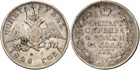 1828. Rusia. Nicolás I. (San Petersburgo) . 1 rublo. (Kr. 161). 20,31 g. AG. Escasa. MBC-.