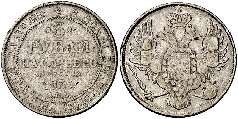 1835. Rusia. Nicolás I. (S. Petersburgo). 3 rublos. (Kr. 177). 10,16 g. Platino....