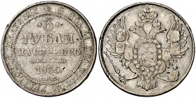 1835. Rusia. Nicolás I. (S. Petersburgo). 3 rublos. (Kr. 177). 10,16 g. Platino. Restos de soldadura en el canto. Muy rara. BC+.