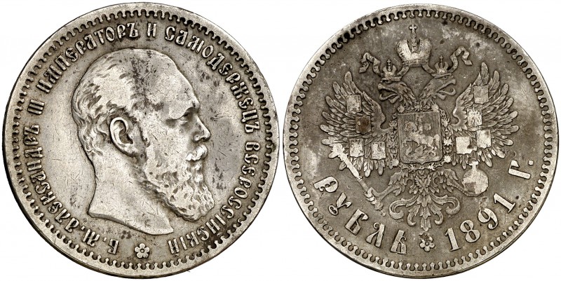 1891. Rusia. Alejandro III. . 1 rublo. (Kr. 46). 19,84 g. AG. Rara. MBC-.