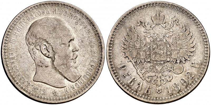 1892. Rusia. Alejandro III. . 1 rublo. (Kr. 46). 19,70 g. AG. Golpecitos. Rara. ...