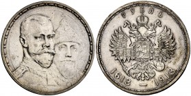1913. Rusia. Nicolás II. BC. 1 rublo. (Kr. 70). 20,04 g. AG. 300º Aniversario de la Dinastía Romanov. Escasa. EBC.