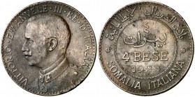 1923. Somalia italiana. Victor Manuel III. R (Roma). 4 bese. (Kr. 3). 9,71 g. CU. Escasa. MBC+.