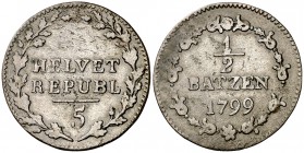 1799. Suiza. República Helvética. 1/2 batzen. (Kr. A5). 1,76 g. Vellón. HELVET/REPUBL sin puntos. Rara. MBC.