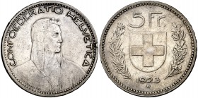 1923. Suiza. B (Berna). 5 francos. (Kr. 37). 24,90 g. AG. Golpecito canto. MBC+.
