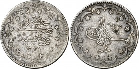 AH 1293 (1876). Turquia. Murad V. 20 kurush. (Kr. 712). 23,60 g. AG. Golpecitos. MBC-.