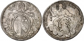 1800. Estados Papales. Pío VII. 1 escudo. (Kr. 1248.1) (Dav. 179). 25,92 g. AG. El 1 de la fecha al revés. Año: 1. Escasa. MBC-.