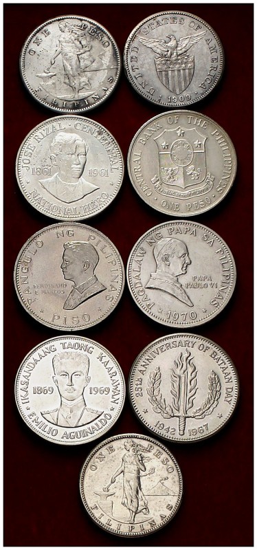 1907 a 1970. Filipinas. 1 peso (seis) y 1 piso (tres). Lote de 9 monedas diferen...