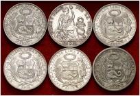 1890 a 1933. Perú. Lima. 1 sol. Lote de 6 monedas en plata diferentes. A examinar. MBC+/EBC.