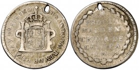 1808. Fernando VII. Chiapa. 1 real. (Cal. 1099). 3 g. Proclamación con valor. Perforación. Escasa. (BC).